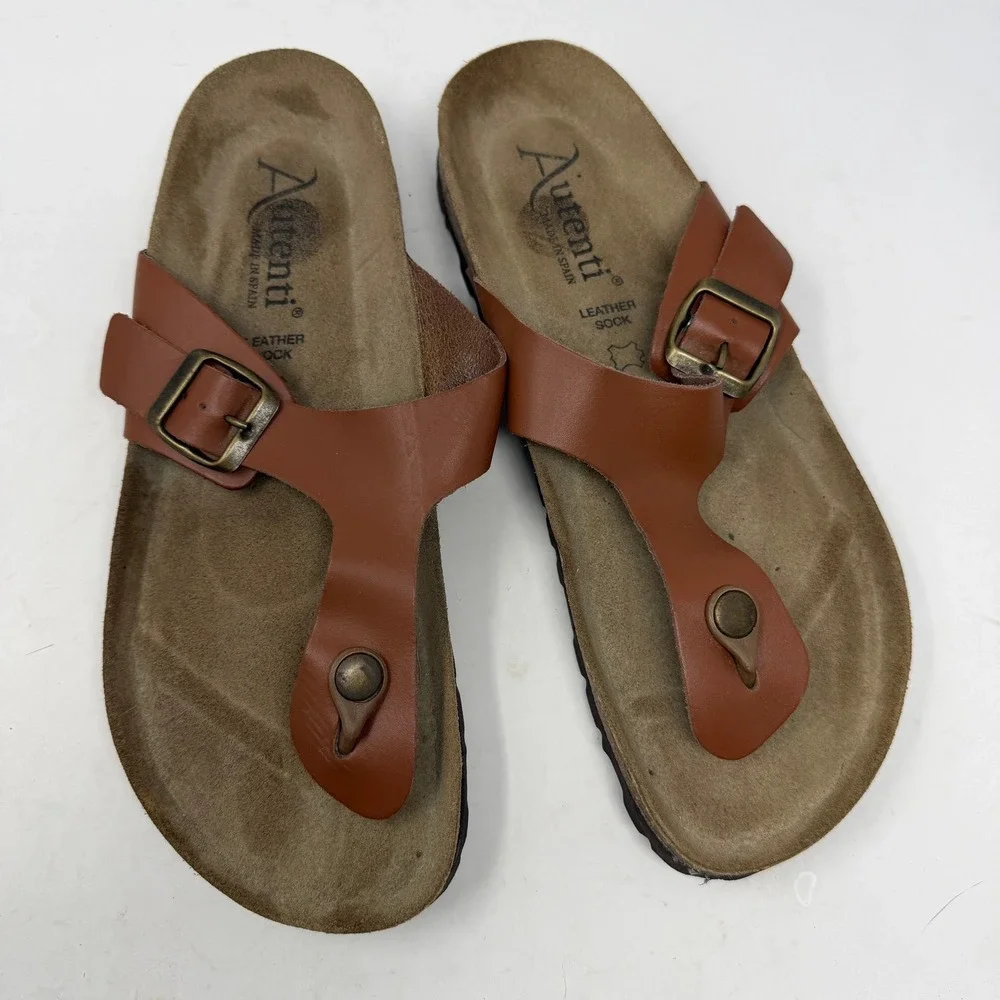Autenti Sandals Mens 42 Brown Excellent Cork Footbed Thong Buckle Slides Spain